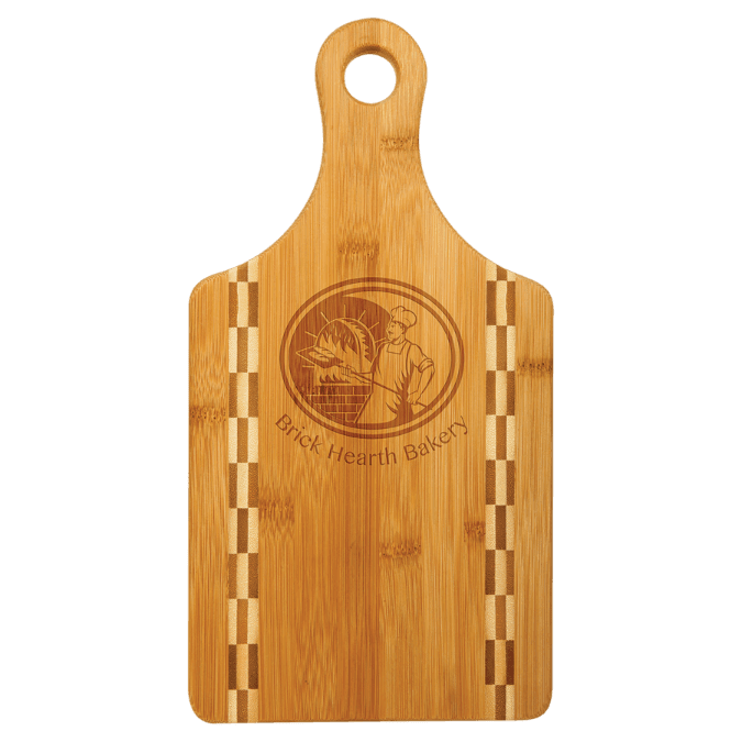 SKU: GFT460 - 13 1/2" x 7" Paddle Shaped Bamboo Cutting Board with Butcher Block Inlay