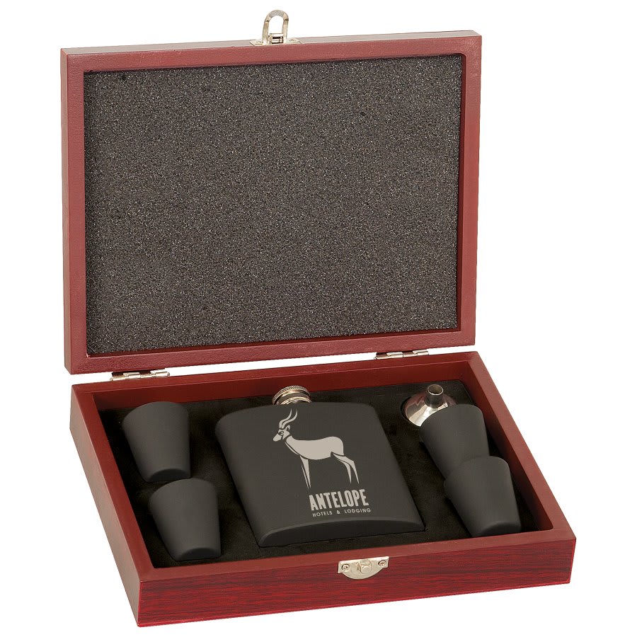SKU: FSK12 - 6 oz. Matte Black Laserable Stainless Steel Flask Set in Wood Presentation Box