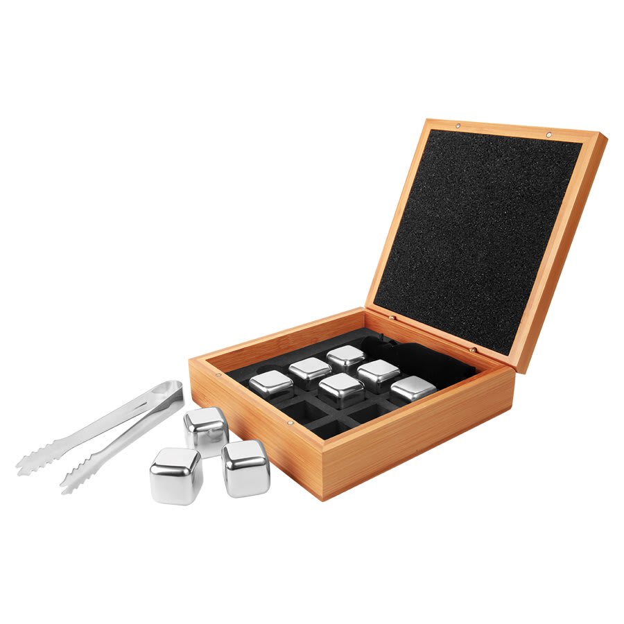SKU: GFT008 - 6 1/4" x 6 3/4" Stainless Steel Whiskey Stone Set in Bamboo Case