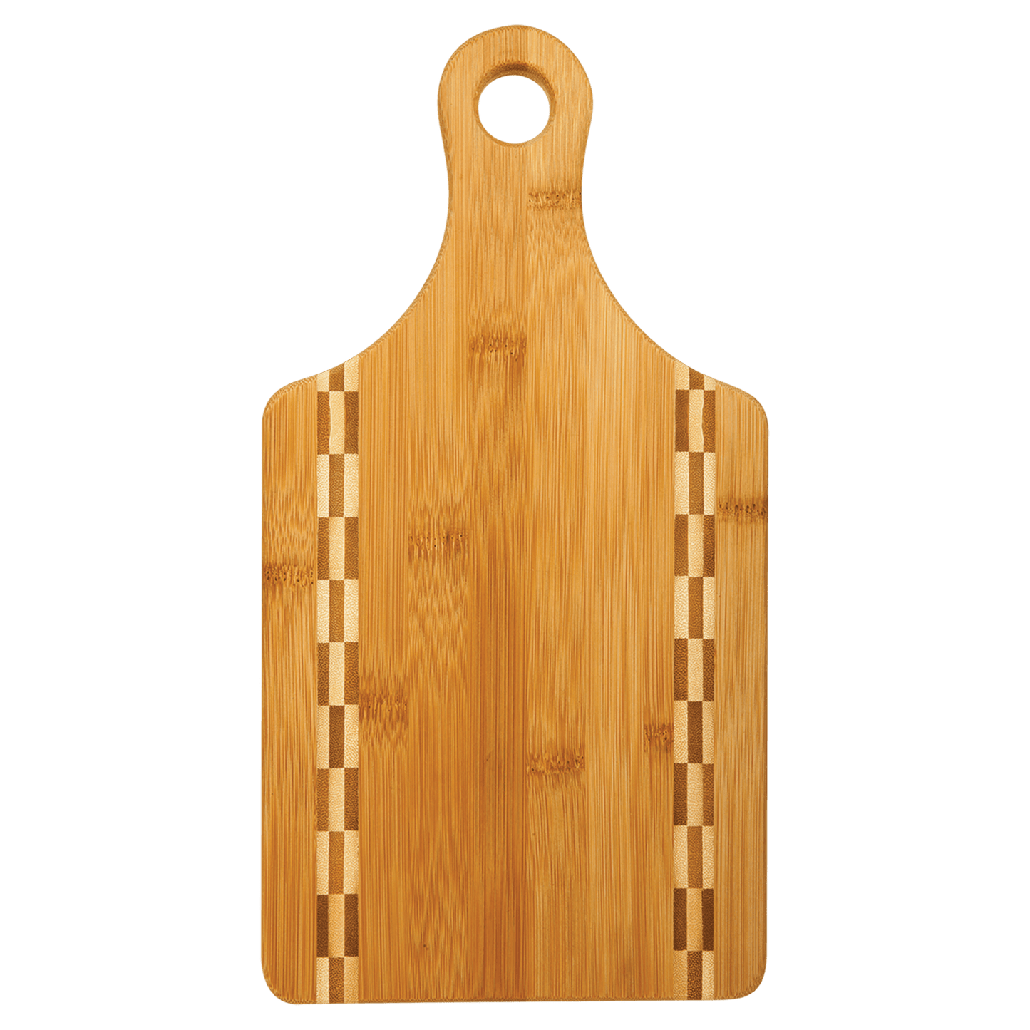 SKU: GFT460 - 13 1/2" x 7" Paddle Shaped Bamboo Cutting Board with Butcher Block Inlay