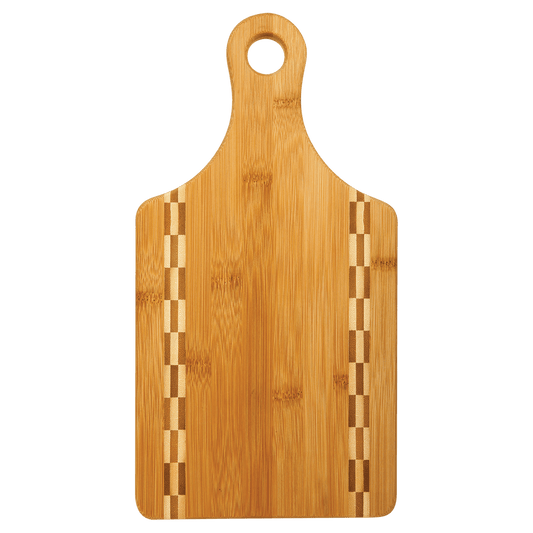 SKU: GFT460 - 13 1/2" x 7" Paddle Shaped Bamboo Cutting Board with Butcher Block Inlay